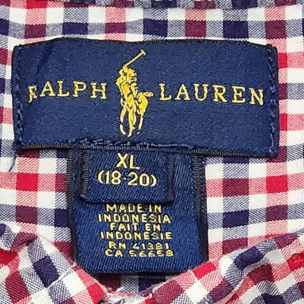 Ralph Lauren Button Down Long Sleeve Shirt Red White Blue Plaid‎ Boys Youth XL